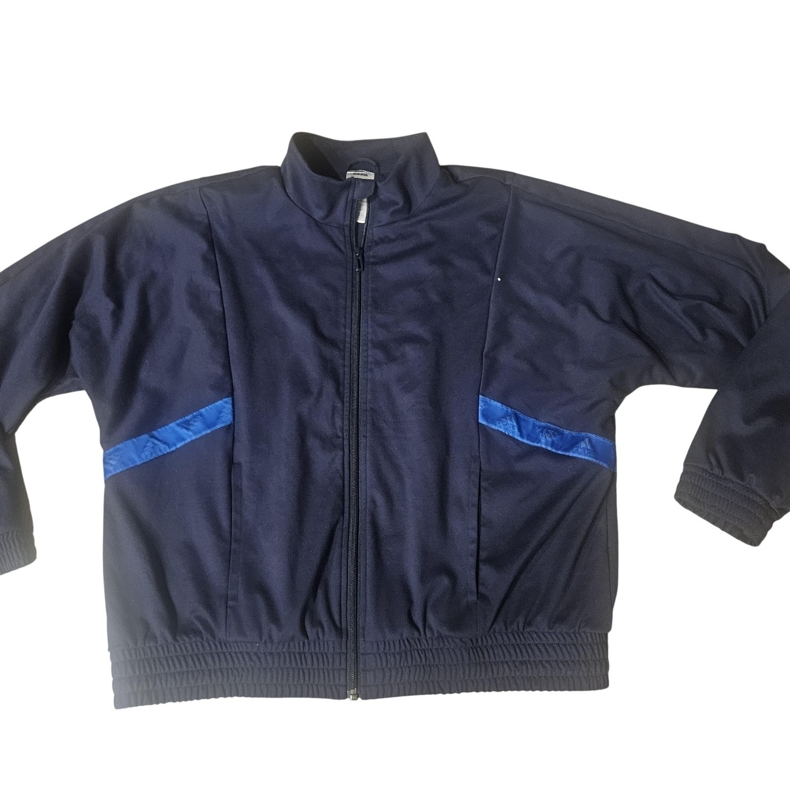 Adidas Track Jacket Womens Large Blue Full Zip Elastic Hem Pockets Athletic